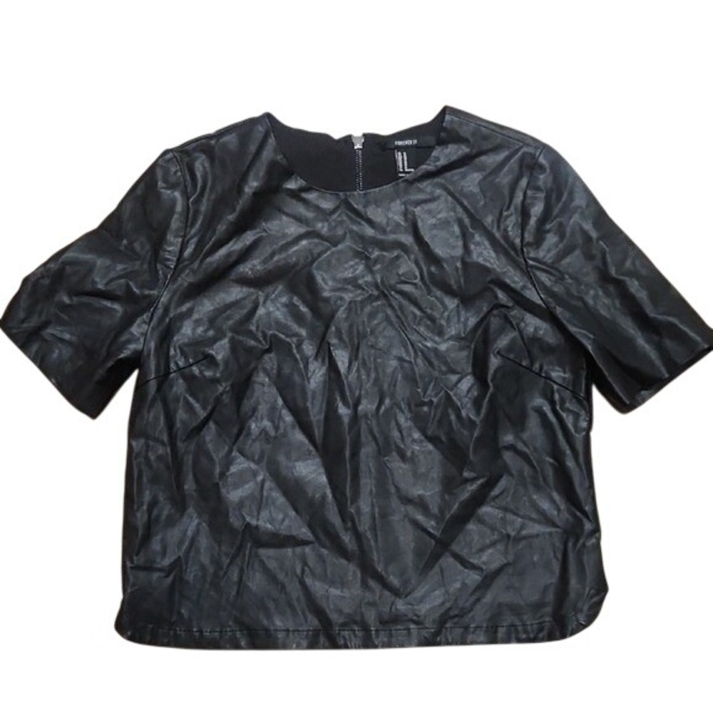 Forever‎ 21 Faux Leather Short Goth Boxy Top Edgy Boho Zipper Back Art Medium
